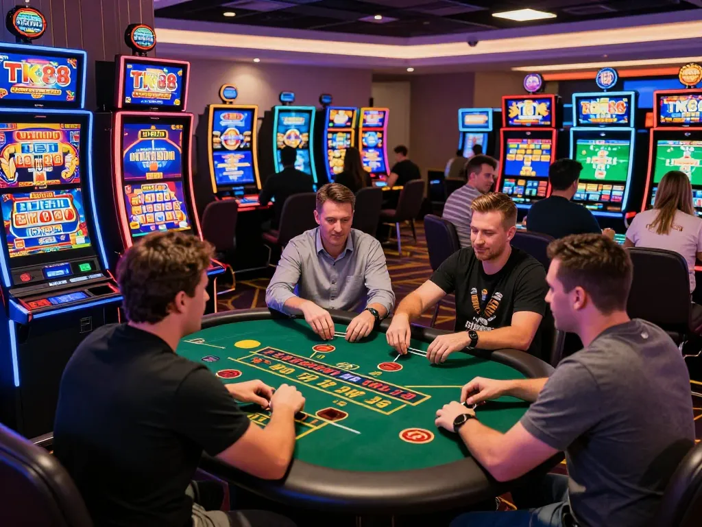 Exciting TK88 casino gaming scene with diverse players enjoying slots and live dealer games.