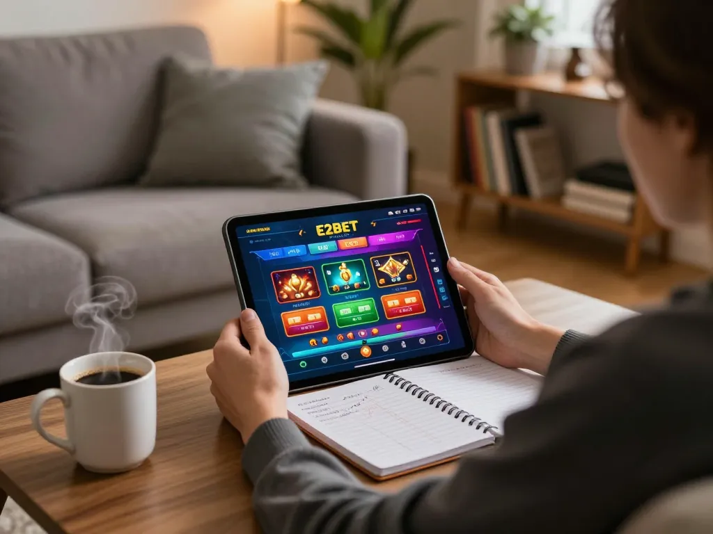 E2bet player enjoying the online casino app on tablet while jotting down strategies in a cozy home environment