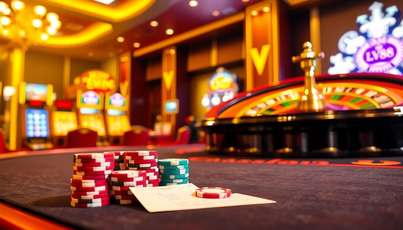 Experience the excitement of LV88 with vibrant poker chips and a shining roulette wheel.