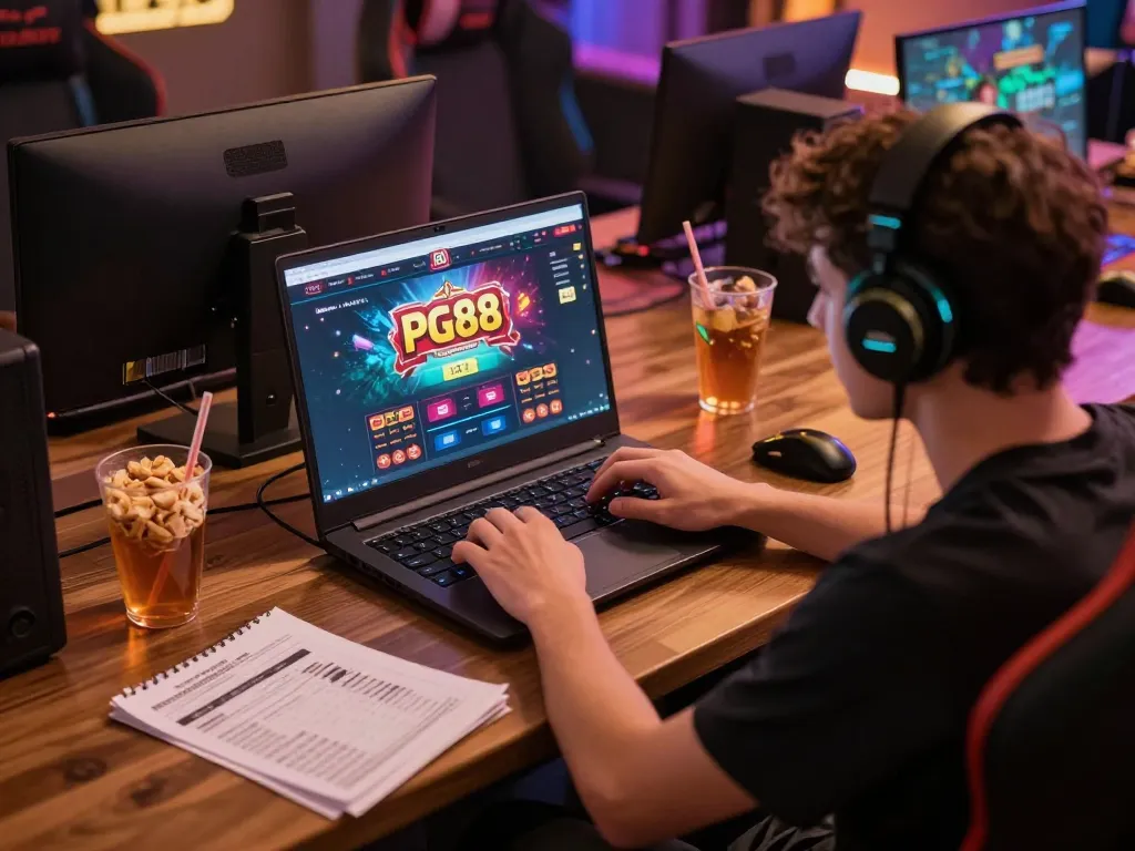 Engaging user playing on pg88 casino platform from a cozy home setup with snacks and drinks.