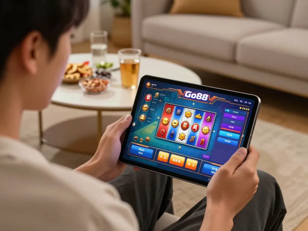 Engaging user playing Go88 on tablet in modern living room, showcasing vibrant online gaming atmosphere