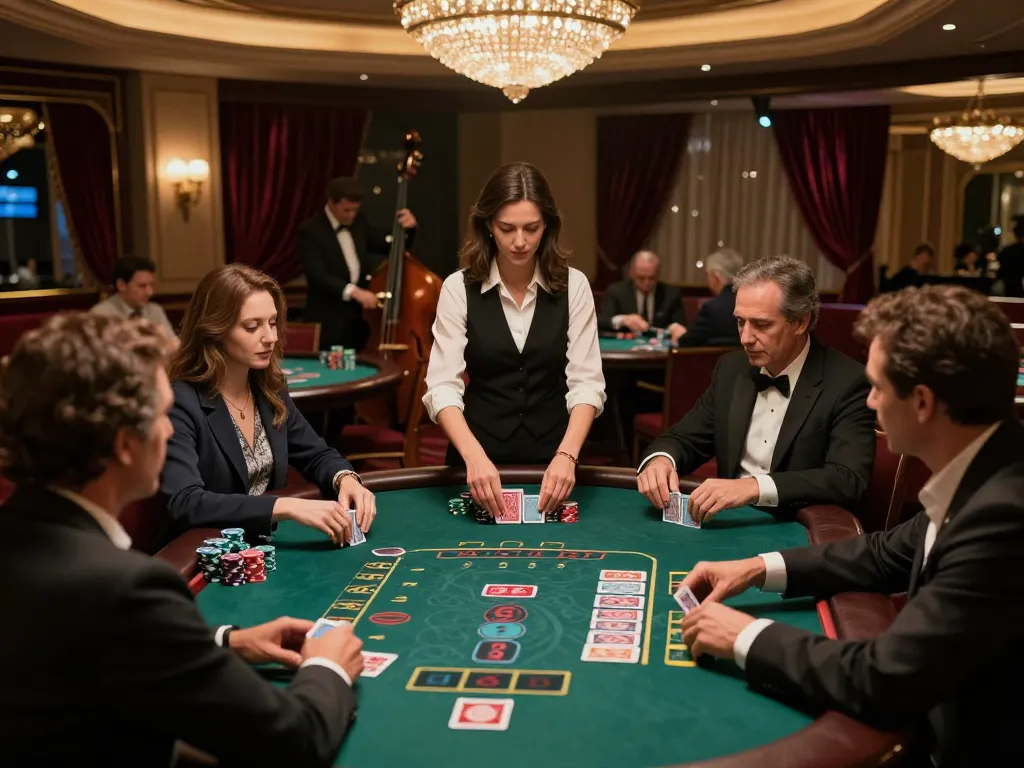 Engaged players at BJ88's blackjack table strategizing for wins in a luxurious casino setting.