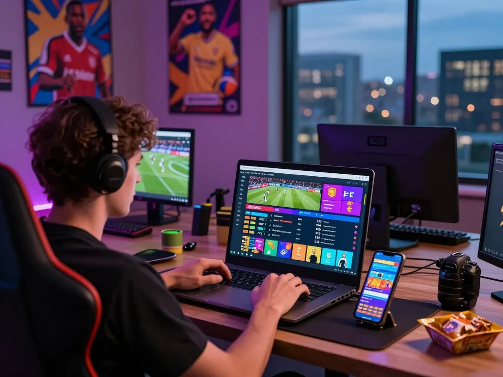 Engaging in fabet sports betting at an online gaming setup with lively sports graphics.
