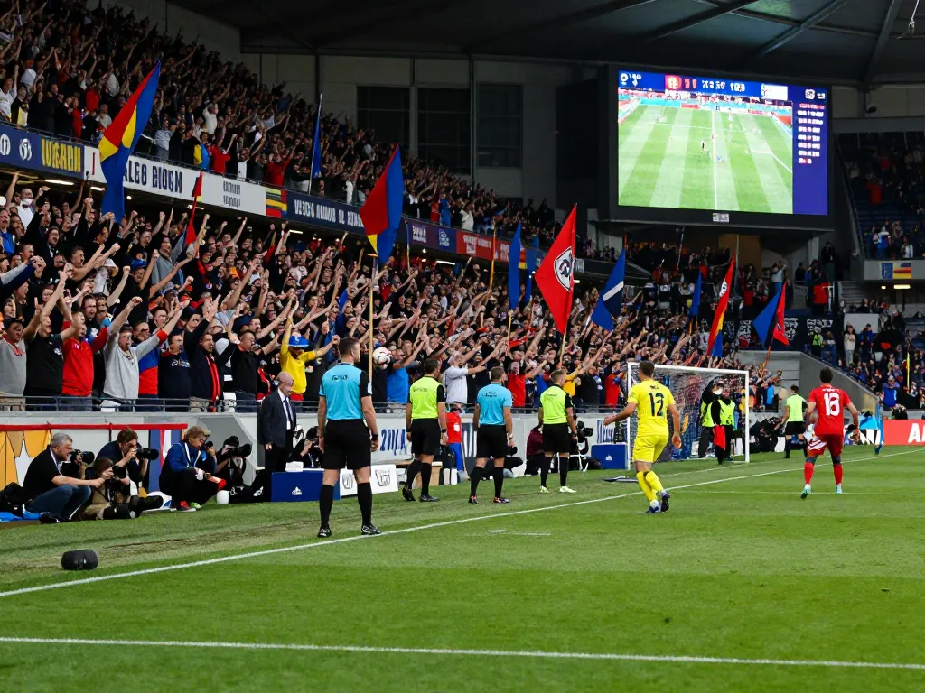 Exciting football match scene showcasing ฟุตบอล action in a vibrant stadium.