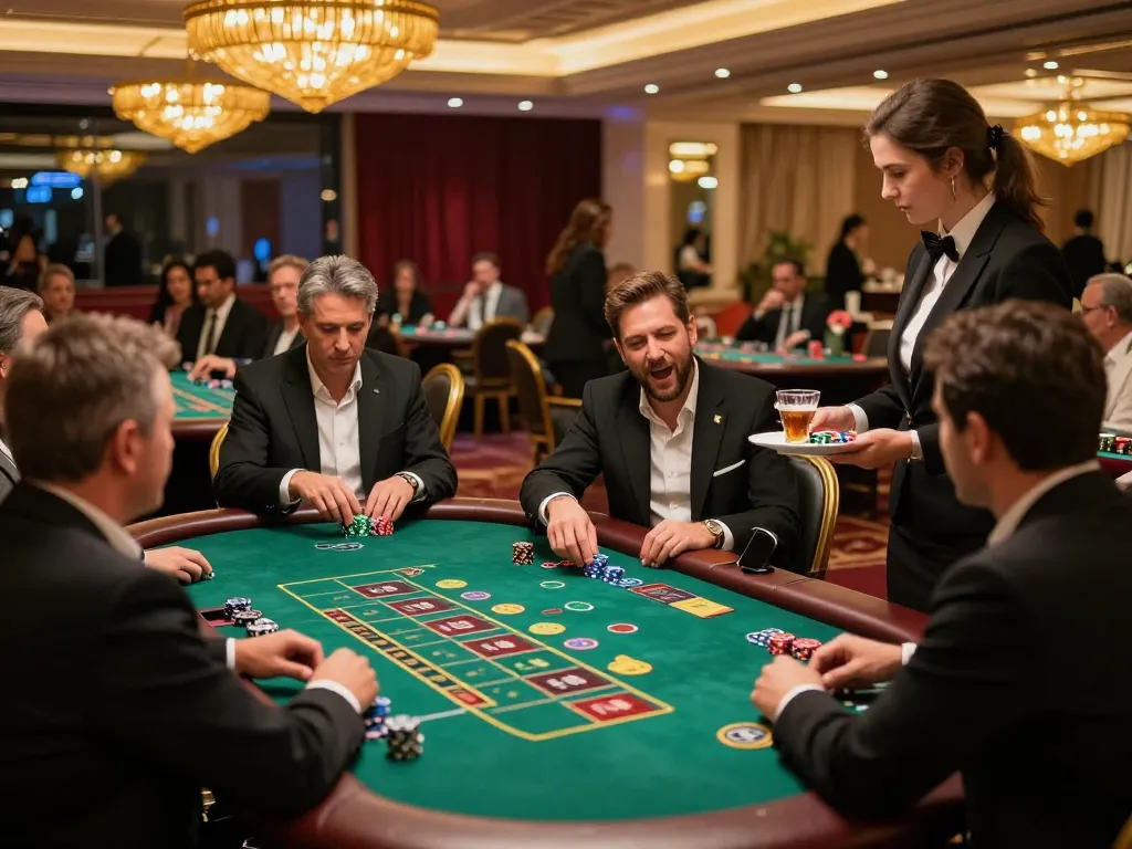 Players enjoying the thrill of blackjack at 789win's luxurious casino floor, showcasing an engaged gaming atmosphere.