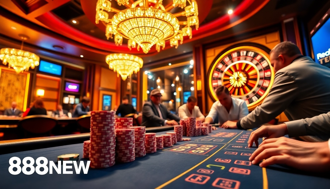 Players enjoying a high-stakes poker game at 888NEW casino, surrounded by vibrant lights and chips.
