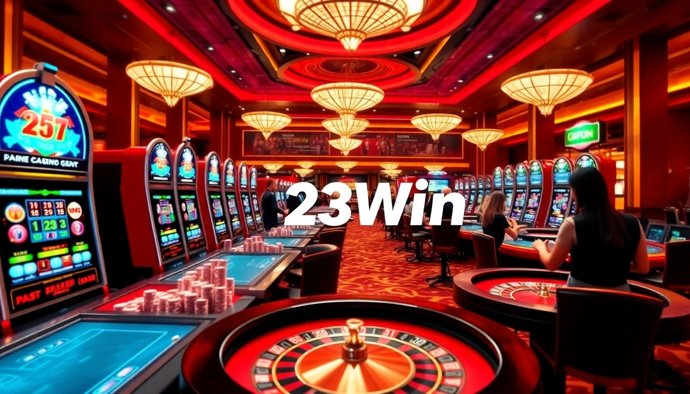 Gamblers enjoying thrilling games at 23Win casino with vivid slot machines and roulette.