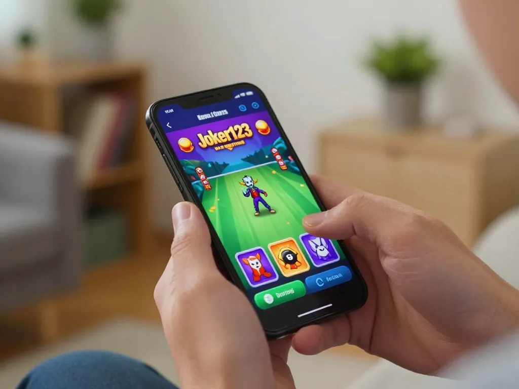 Player accessing the Joker123 app on a smartphone, showcasing mobile gambling excitement with jamsosindonesia interface.