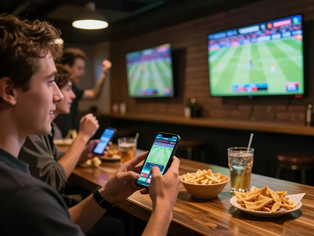Engaged bettor on smartphone for sports betting at lively sports bar, showcasing 78wingo excitement and camaraderie