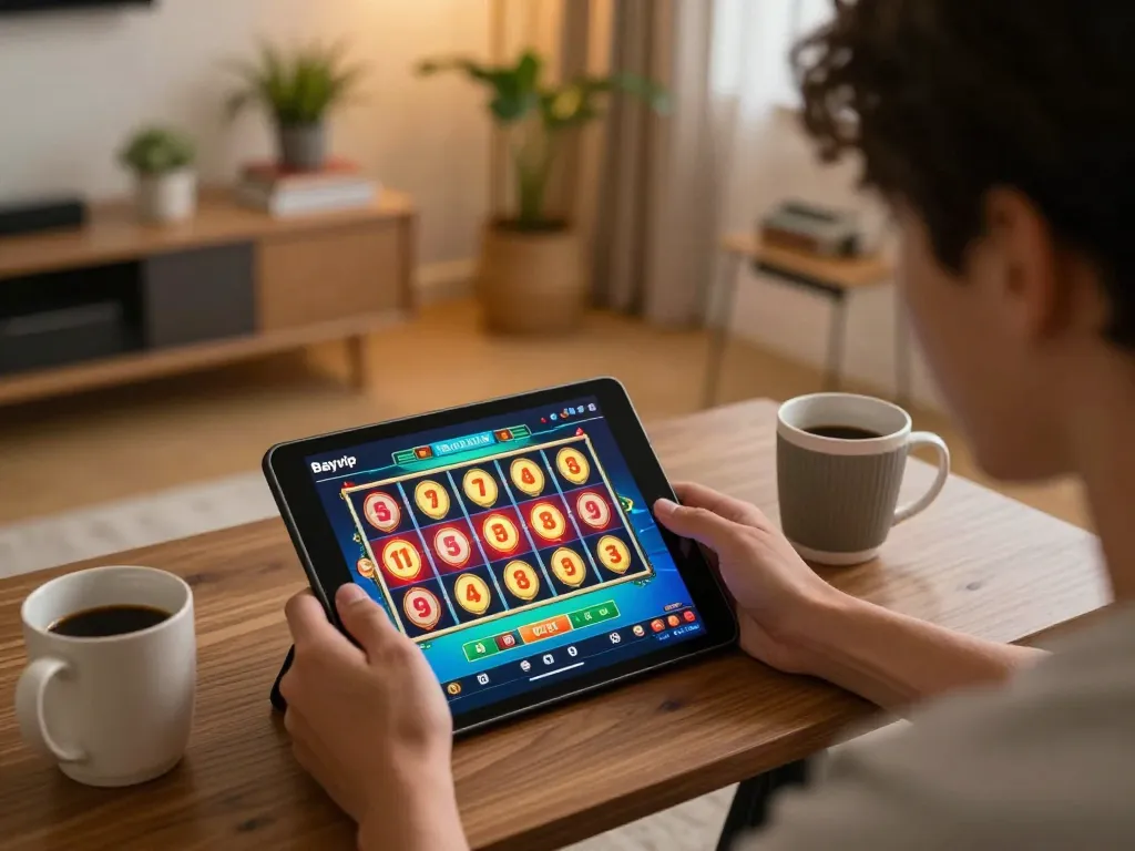 Bayvip user engaging in online gaming, celebrating a win on their tablet, in a cozy home setting