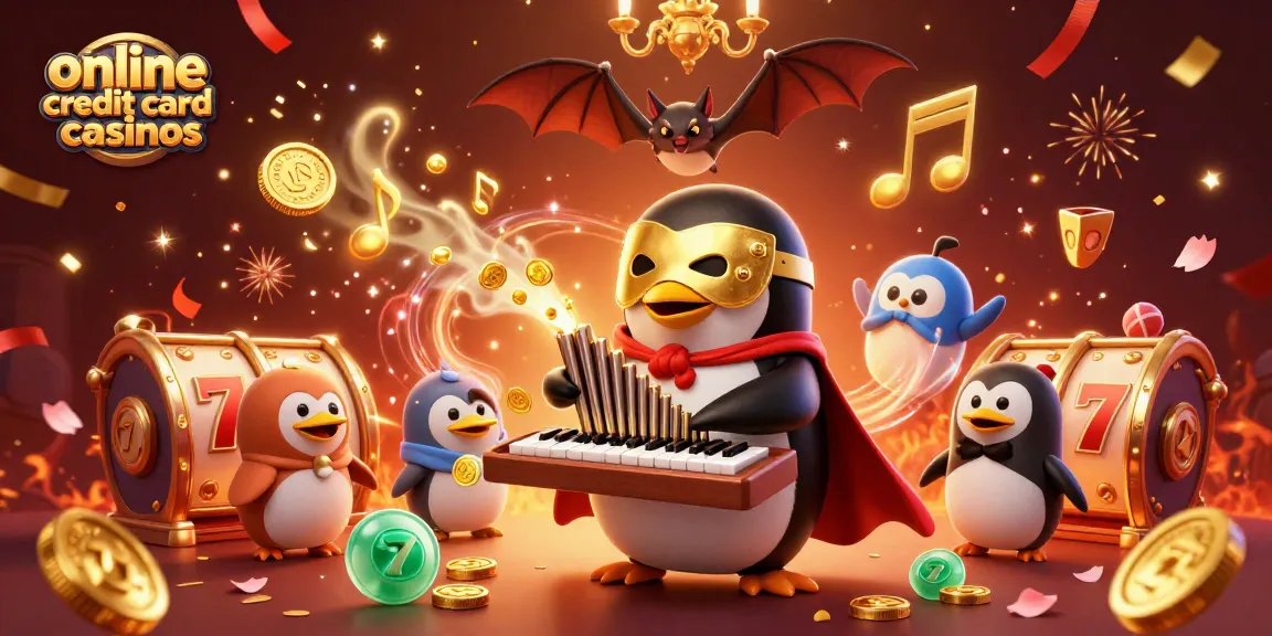 Experience thrilling gameplay at online credit card casinos with our vibrant gambling scene featuring slot reels and joyous characters.