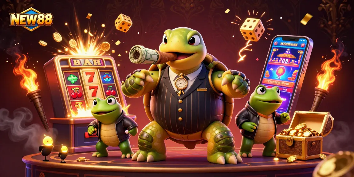 NEW88 showcases thrilling casino action with vibrant characters and exciting game elements in a dynamic illustration.
