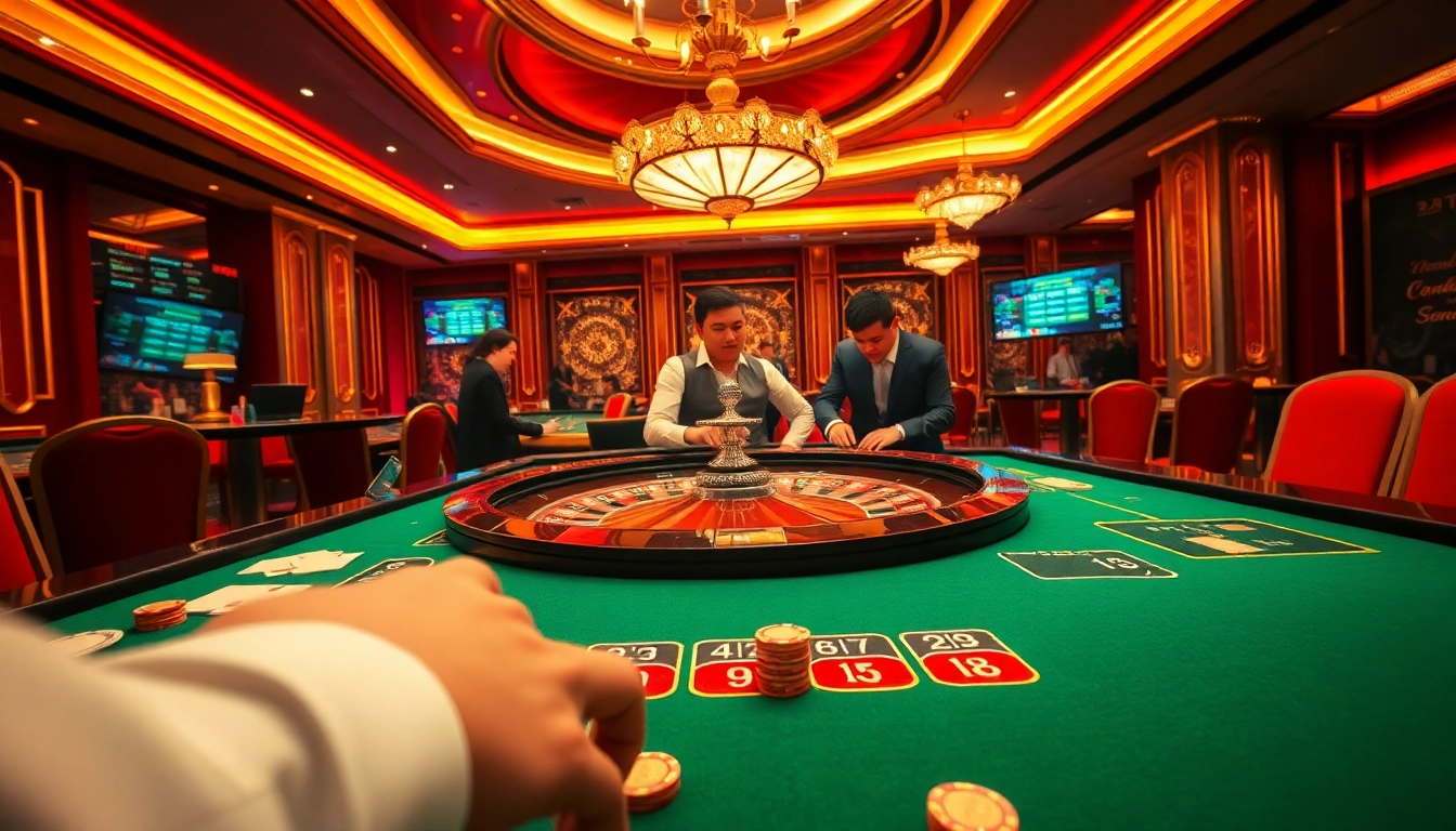 Experience the excitement of king88 with a vibrant casino scene featuring a roulette table and players actively engaging.