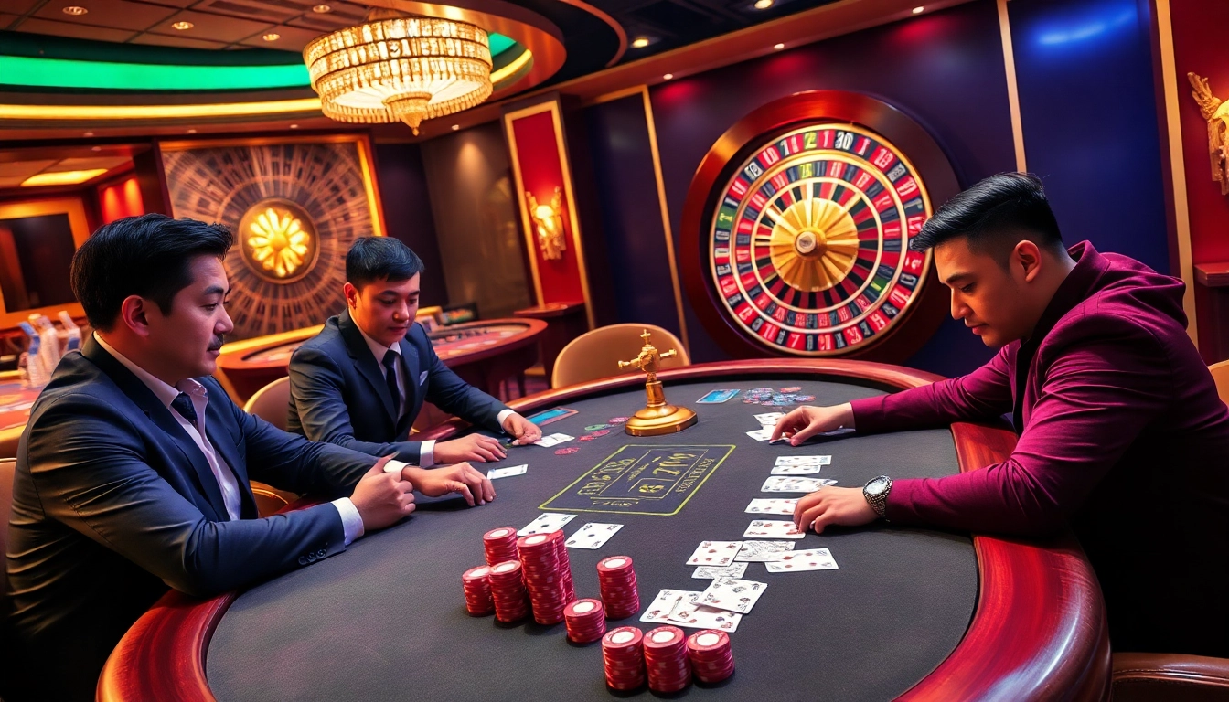 Players enjoying a high-stakes game of TR88 poker, surrounded by colorful chips and a roulette wheel.