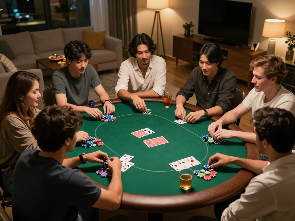 SC88 poker game in progress with friends enjoying colorful chips and cards during home game night.