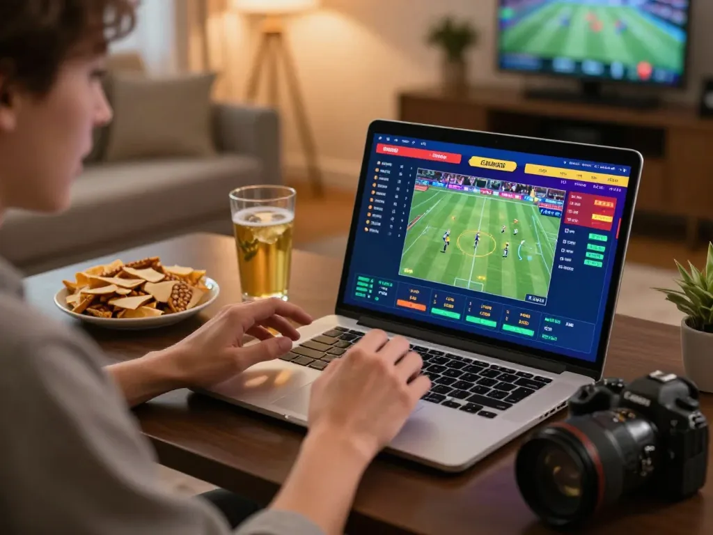 Engaging in online sports betting at Nhà cái FC88 with live odds on a laptop