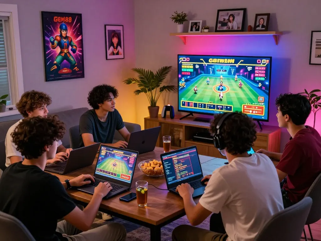 Friends enjoying gem88 online casino games in a cozy living room with vibrant lighting.