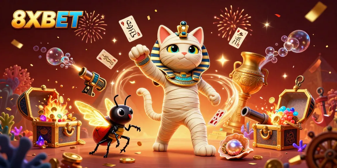 8XBET offers thrilling casino excitement with a lucky mummy cat and treasures floating in a pyramid-themed scene.