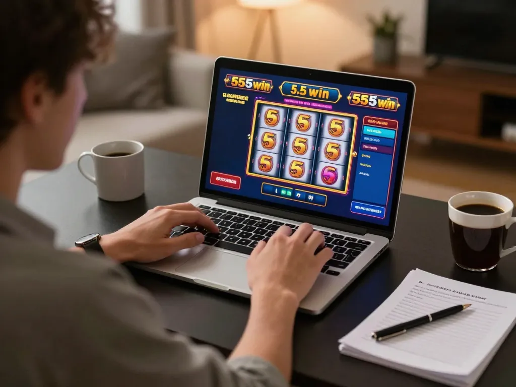 Playing exciting slot games on 555win platform from a cozy home office, showcasing online gambling experience