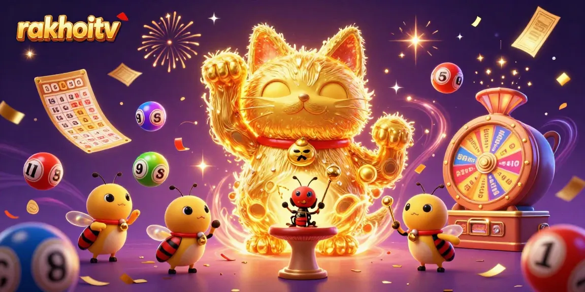 Engage with rakhoitv's vibrant online betting scene featuring a golden lucky cat and dynamic lottery elements.