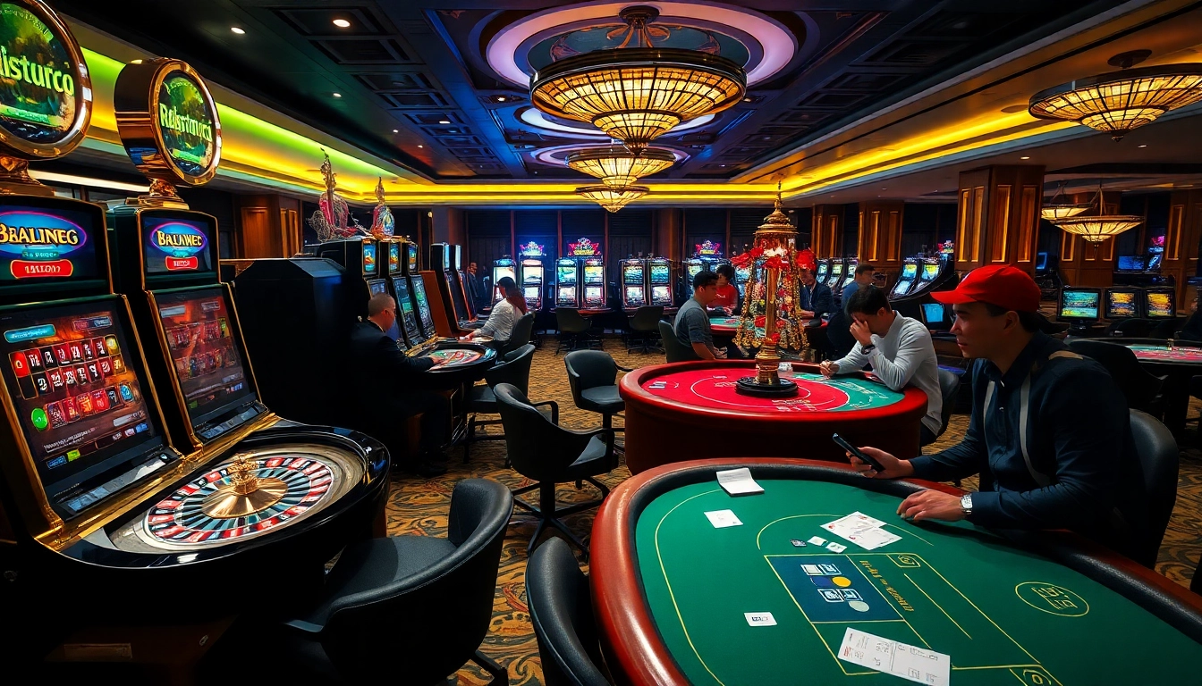 Experience excitement at open88's vibrant casino, featuring roulette wheels and poker tables.
