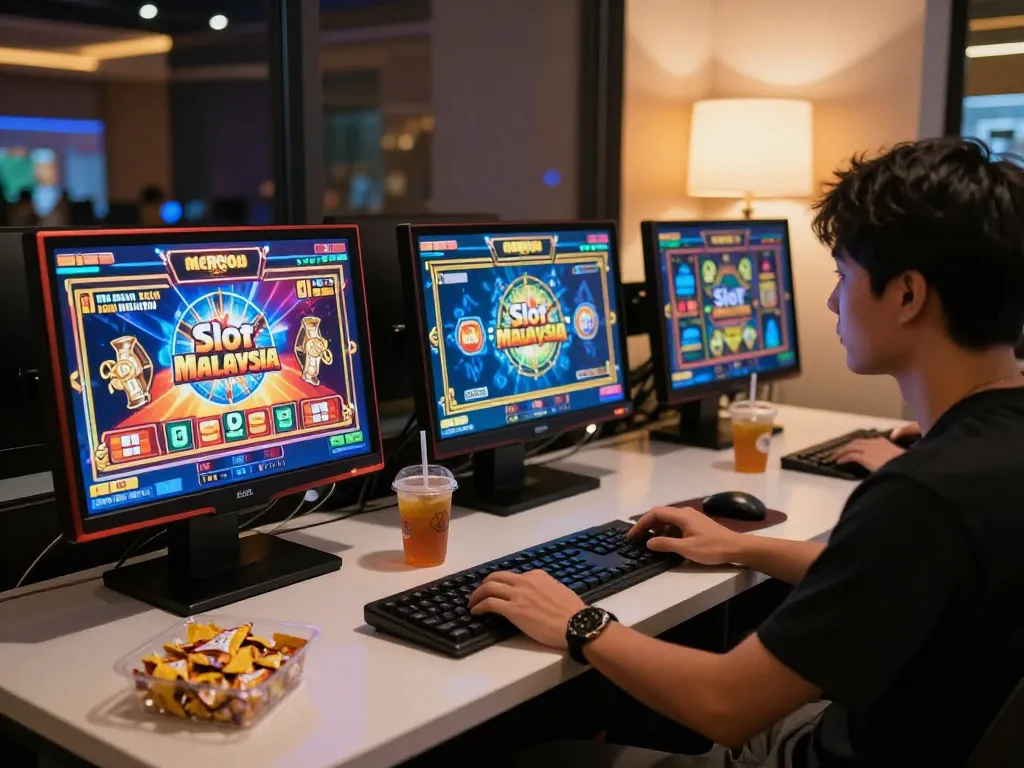 Engaging scene of "Slot Malaysia" player using a laptop displaying vibrant online slots for better odds.