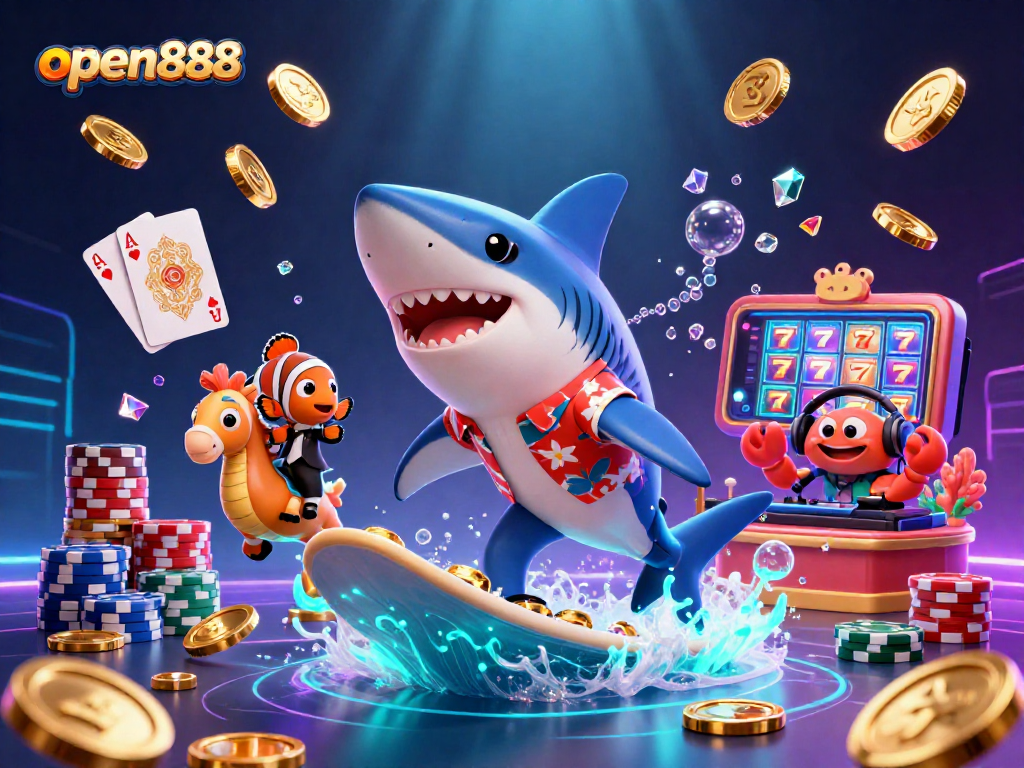 Unleash the excitement at open888 with animated casino characters surfing on gold coins.