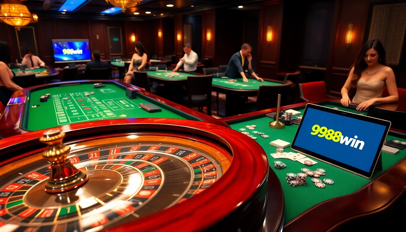 Exciting scene at a casino table with 98win logo, vibrant poker chips, and roulette wheel spinning.