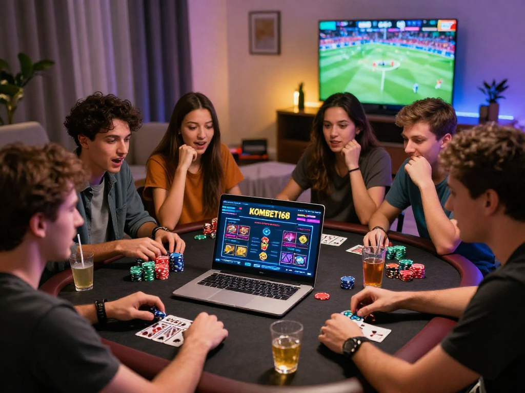 KOMBET168 gaming session with friends enjoying online betting and excitement in a vibrant living room.
