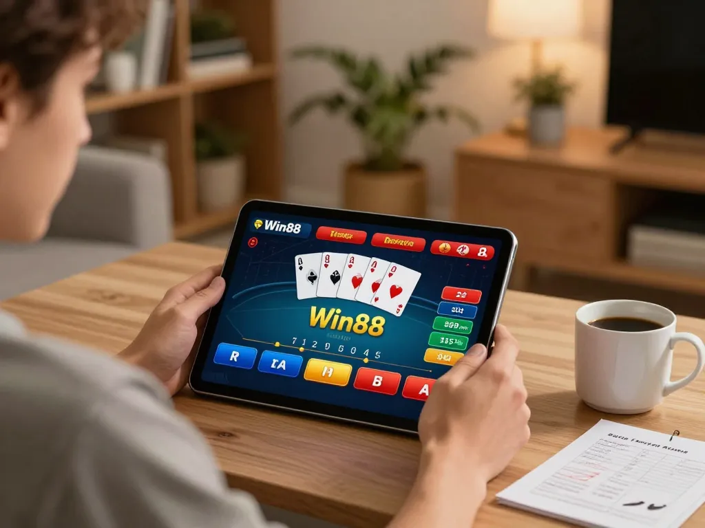 Engaging in Win88 poker strategy while playing on a tablet at home, cozy atmosphere.