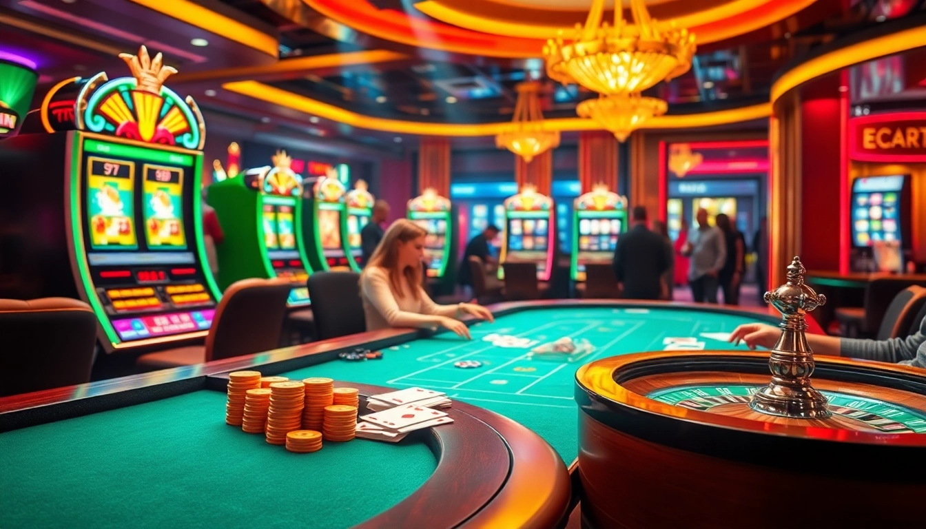 Engaging gamblers playing diverse casino games at 789F, showcasing vibrant slot machines and poker tables.