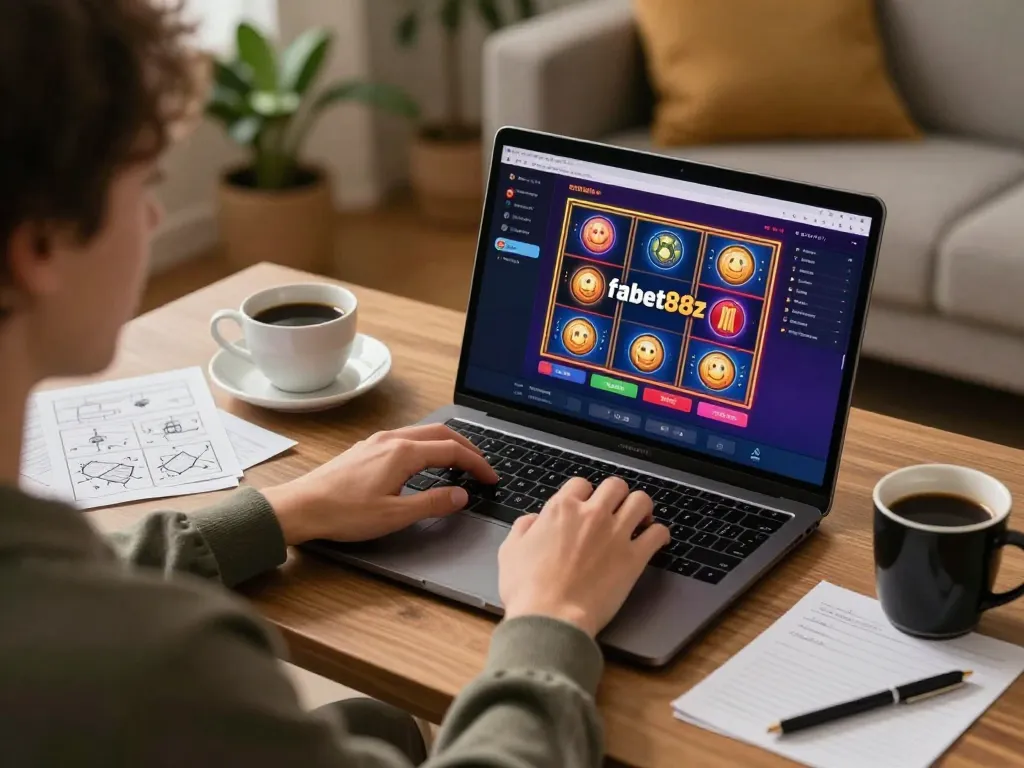 Engaging online gaming experience on fabet88z with vibrant slot machine interface and cozy home setup