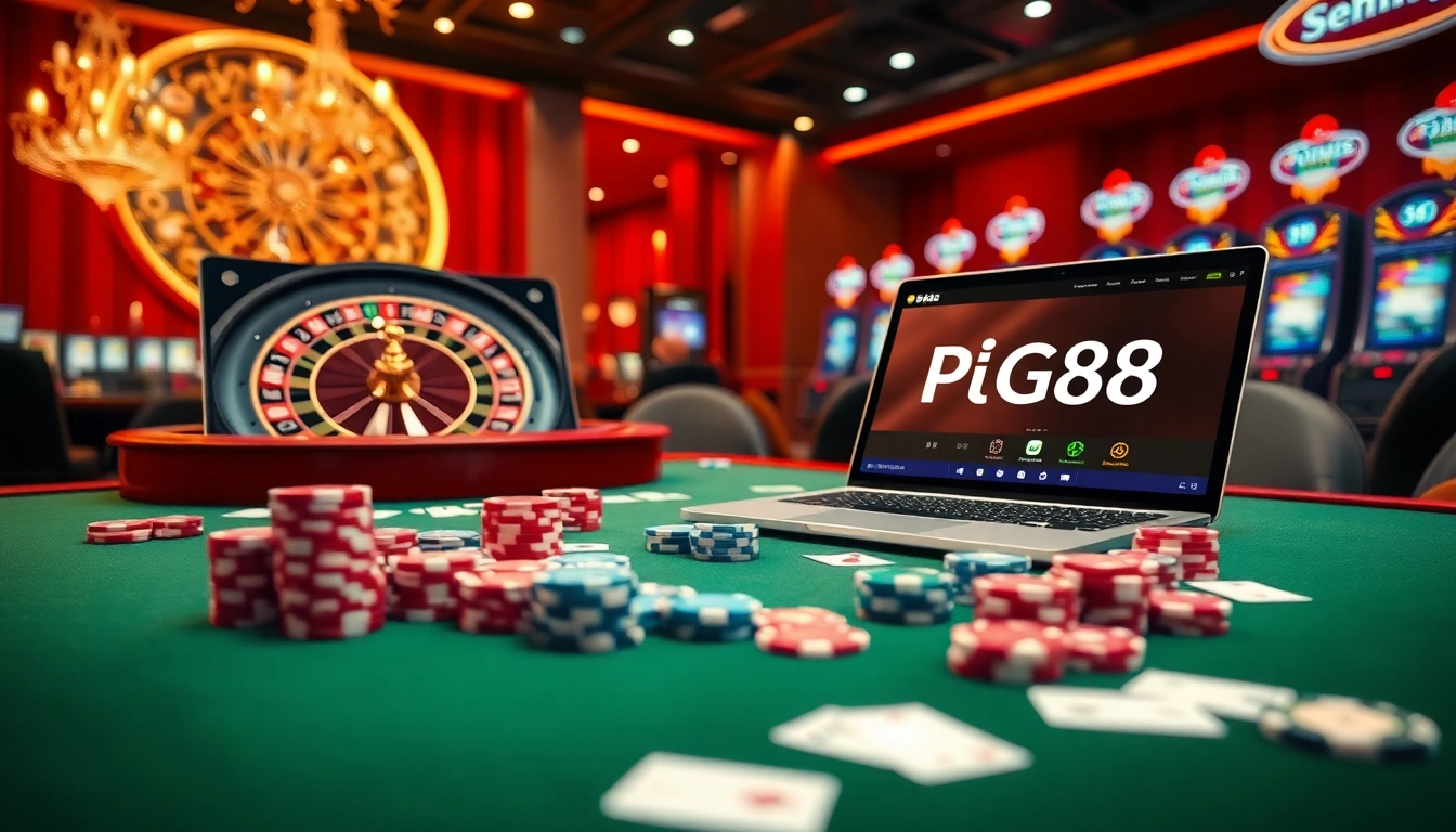 Engaging casino scene featuring the PG88 website on a laptop with poker elements, evoking excitement.