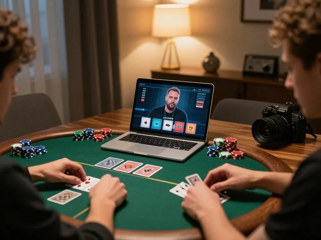 ek333pro player engaging in an exciting online poker game at home with a warm and inviting atmosphere