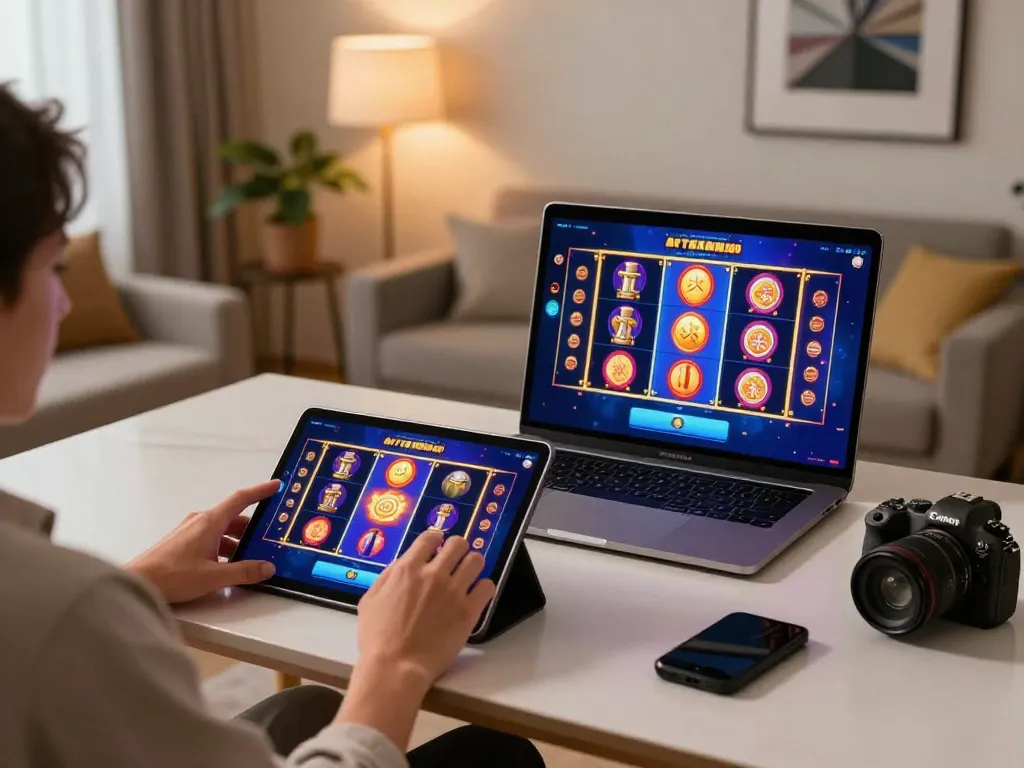 Player engages with online slots at home, experiencing tr88's vibrant gaming interface