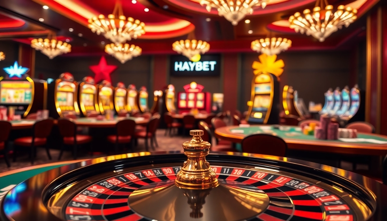 Experience HAYBET's exciting gaming atmosphere with vibrant poker tables and roulette wheels.