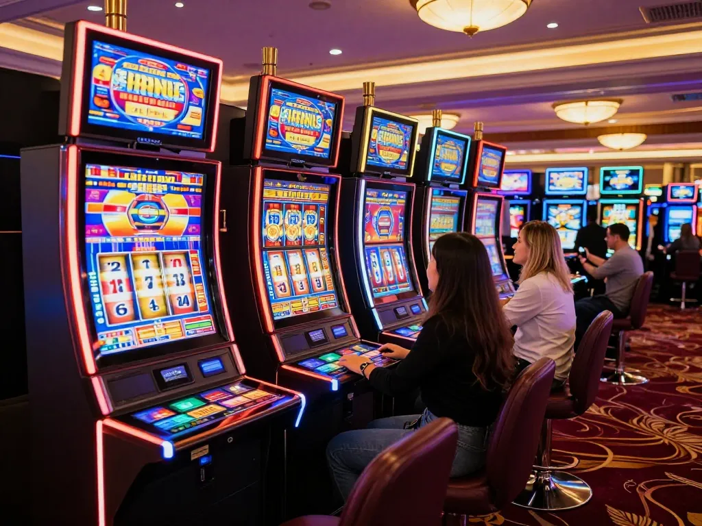 Players engaging with colorful slot machines in a vibrant casino atmosphere