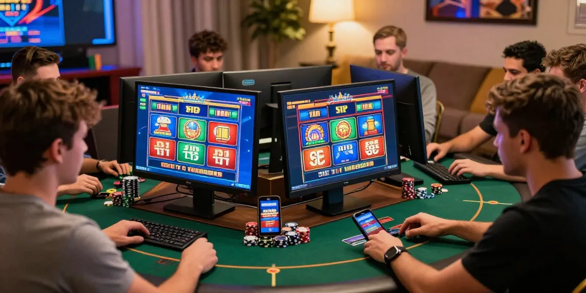 Players enjoying credit card casinos in a lively home gaming setup with vibrant screens and poker chips.