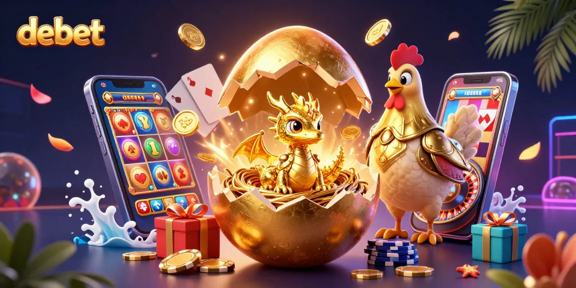 Experience the excitement of debet with a golden dragon guarding poker chips amidst a vibrant casino scene.