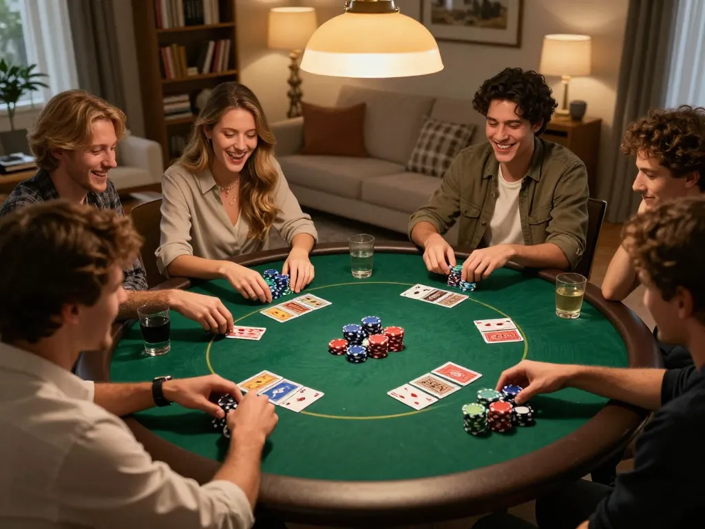 Friends enjoying a lively poker game at home, showcasing strategic gameplay and social bonding with km777 poker chips visible.
