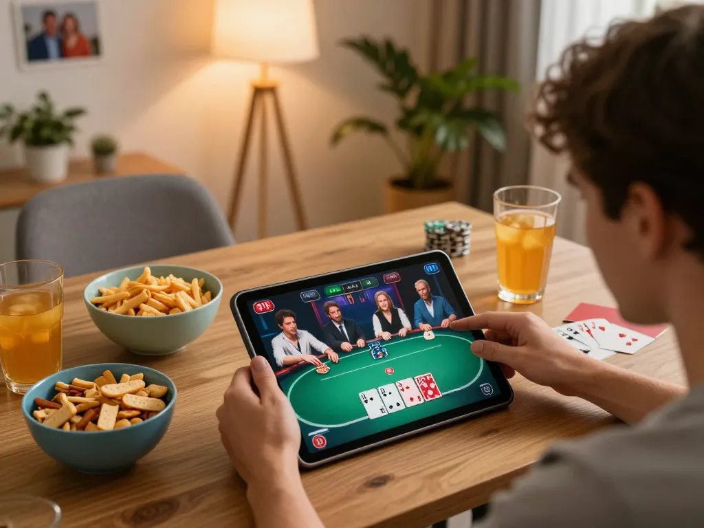 Hitclub player enjoying an exciting online poker game from home, showcasing strategy and engagement