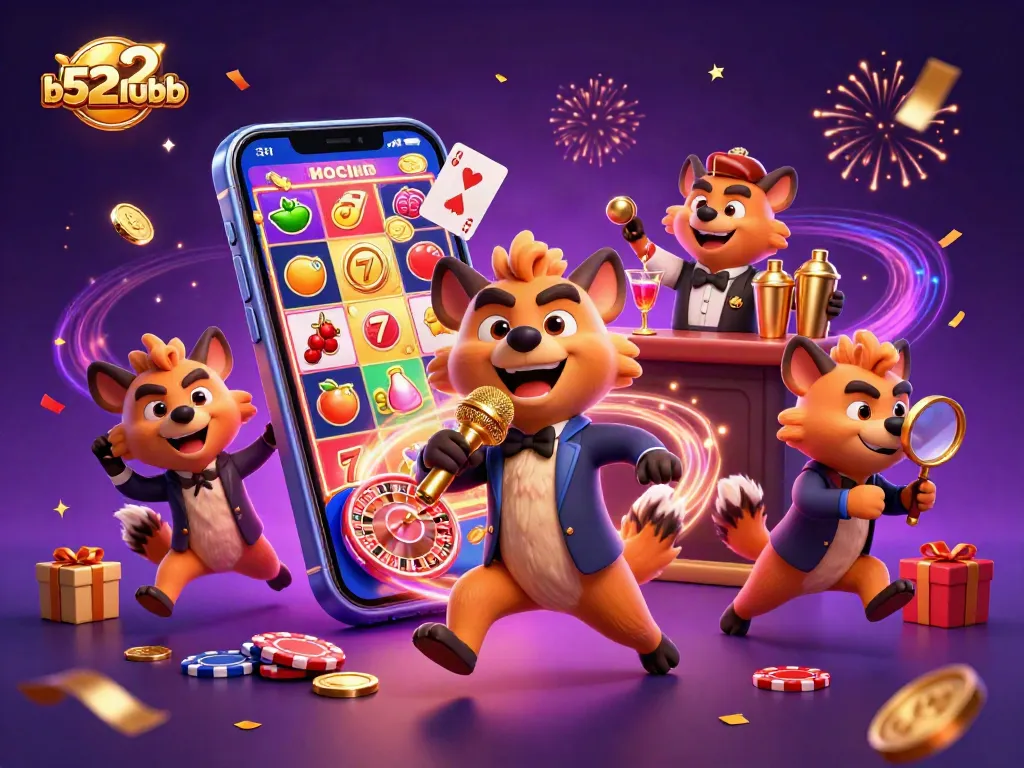 B52clubb hyenas run a lively casino with games and comedy in a colorful depiction.