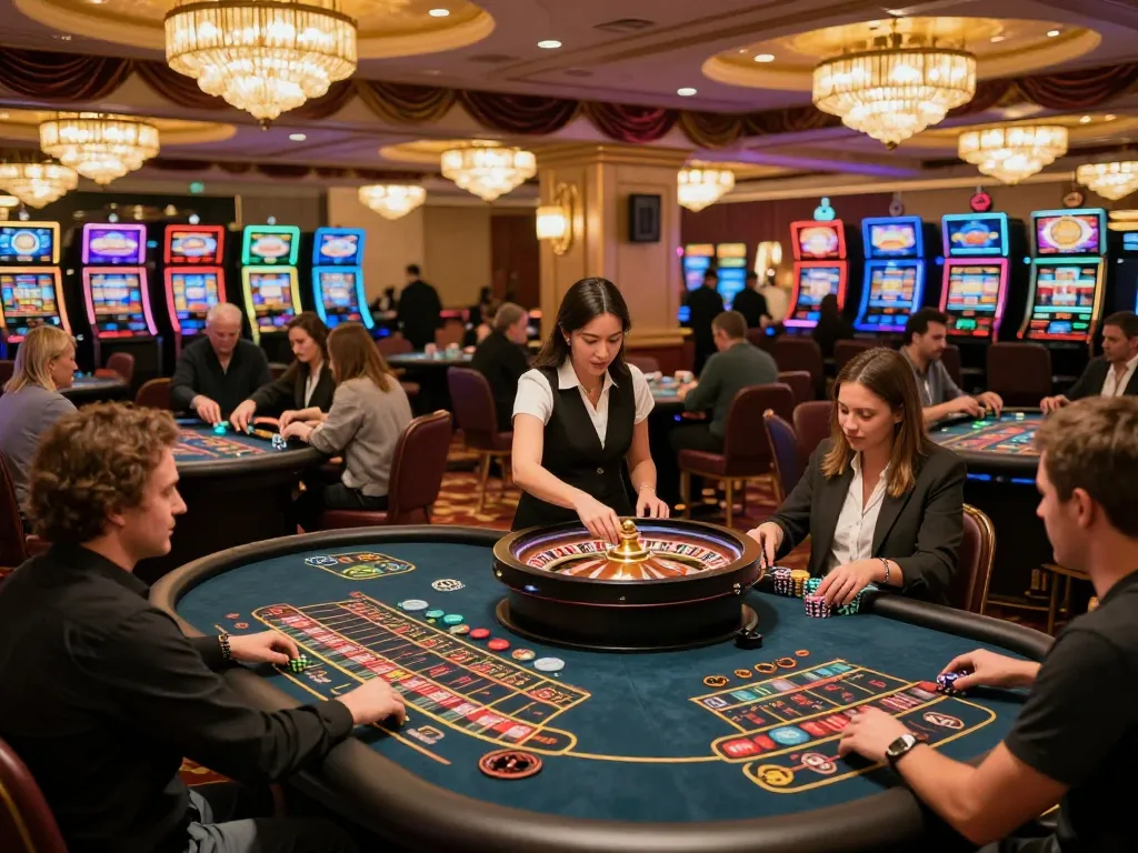 Dynamic casino scene with players at roulette tables highlighting nhà cái uy tín Sunwin experience