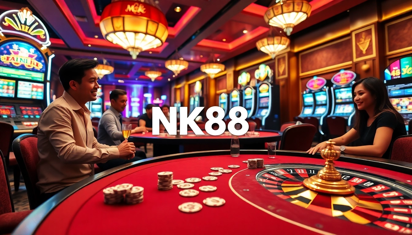 Exciting casino scene with players enjoying poker and roulette at NK88.