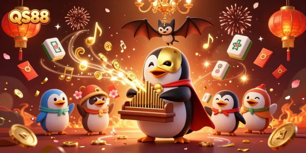 Engage with QS88's vibrant casino experience, featuring a whimsical penguin and gold coins.