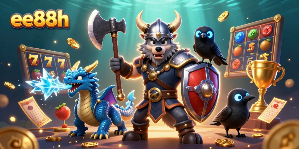 Win big at ee88h with vibrant 3D casino scene showcasing thrilling slot games and fierce characters.