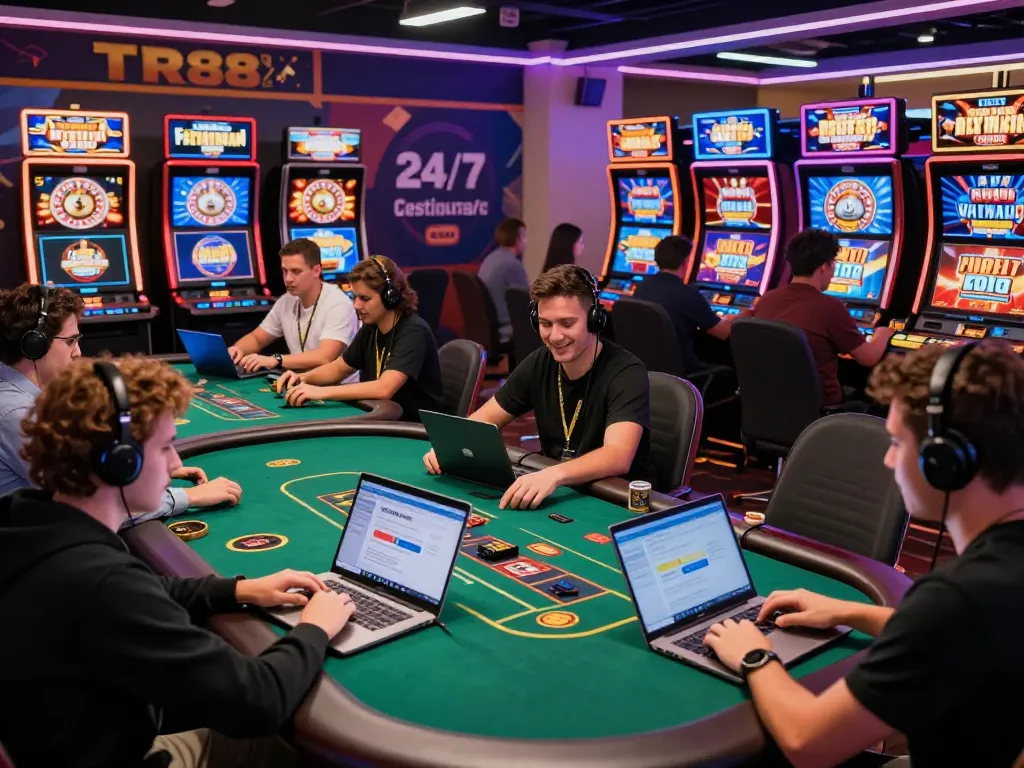 Exciting TR88 online casino gaming experience with players on multiple devices, showcasing diverse games and vibrant atmosphere.