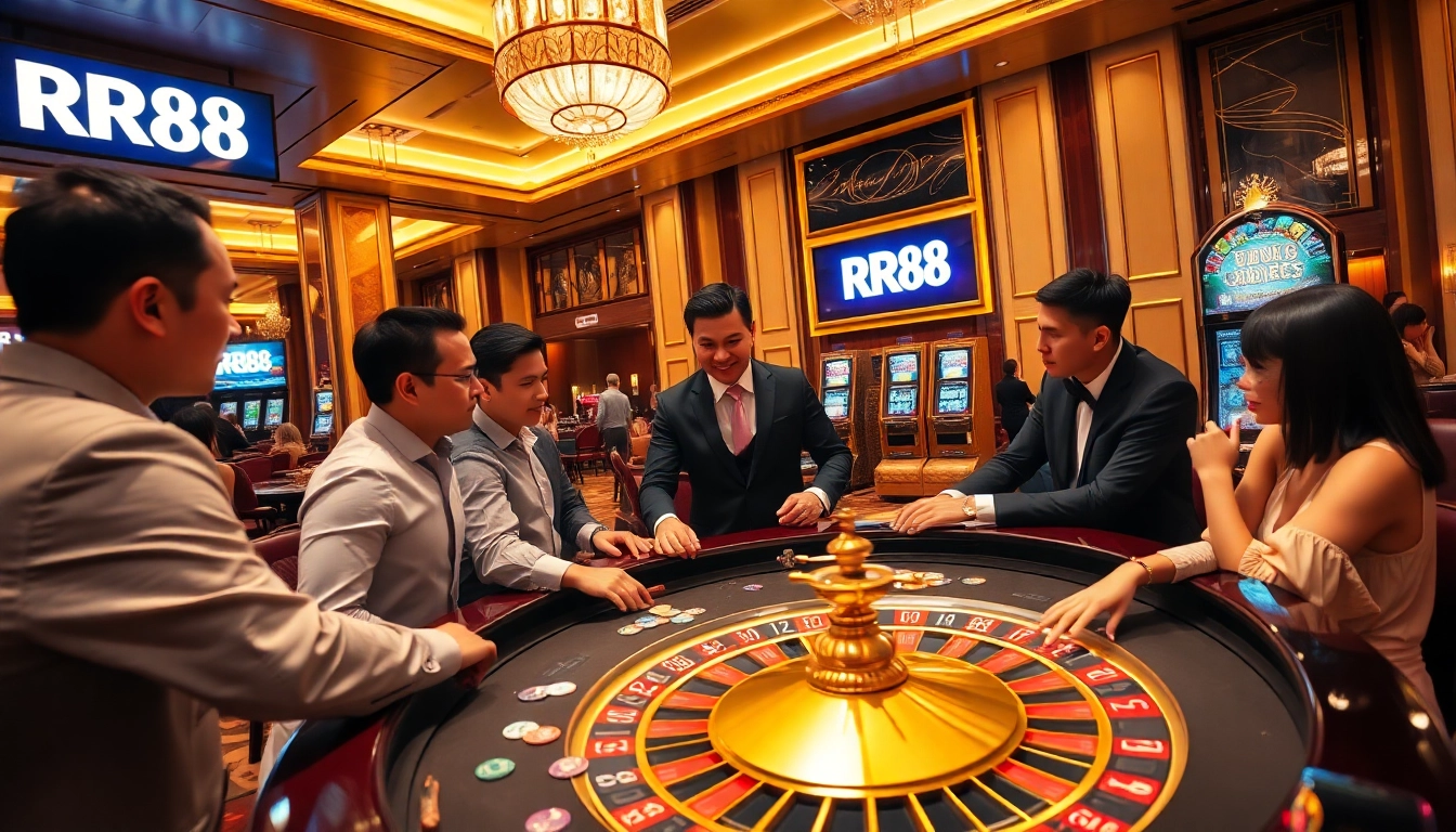 Players enjoying the thrill of gambling at RR88 casino tables with vibrant chips and cards.