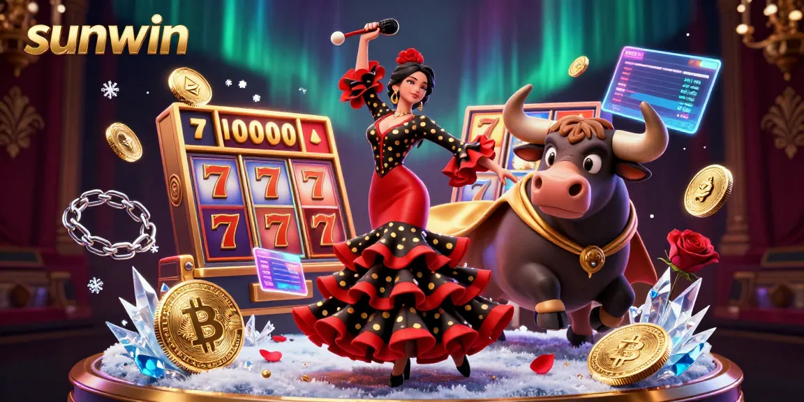 Engage with sunwin's exciting jackpot slots featuring a flamenco dancer and a cartoon bull in a rich casino scene.