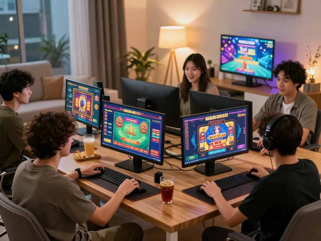 Players enjoying MM88 online casino games in a cozy, vibrant setting